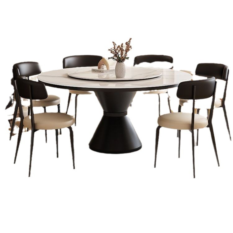 French-Style Slate Dining Table and Chair Set, Modern Minimalist Italian-Style Round Table with Rotating Tray, Suitable for Small Households