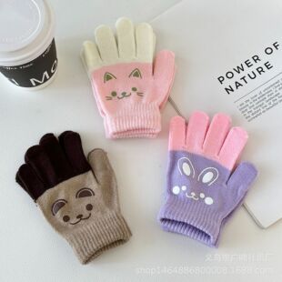 Manufacturer Wholesale Kidsren's Cartoon Color Matching Printed Gloves Autumn and Winter Warm and Cute Pointer Knitting Students 4-8 Years Old