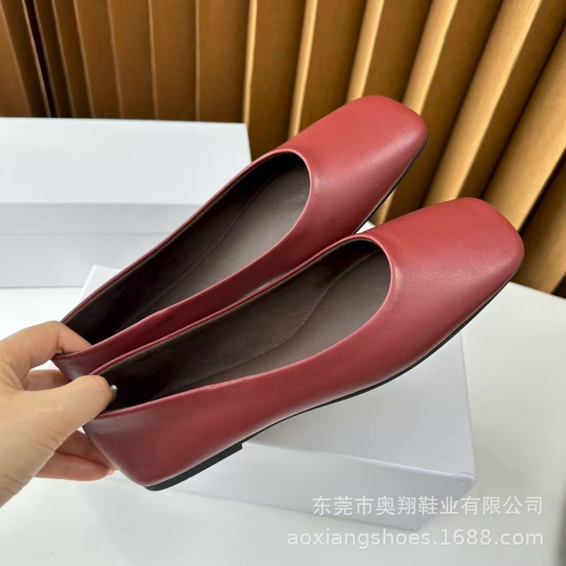 工厂现货row 家同款无标超软小牛皮方头极简平底单鞋舒适奶奶鞋女|undefined