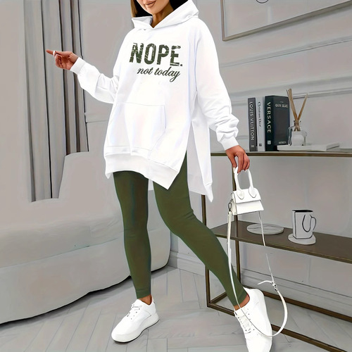 European and American women's plus-size autumn/winter versatile long-sleeved hooded letter-print floral split-front sweatshirt