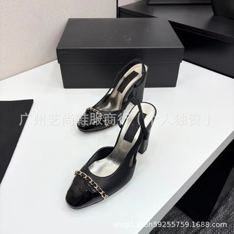 ハイバージョン 2025 新しい Xiaoxiang 本革ラウンドトゥカラーマッチング浅い口厚いヒールバックストラップハイヒール包頭サンダル女性用|undefined