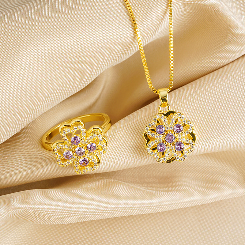 Vietnam oro de arena ligero de lujo hueco collar de pétalos de aleación de cobre amatista joyas de nicho de diseño al por mayor