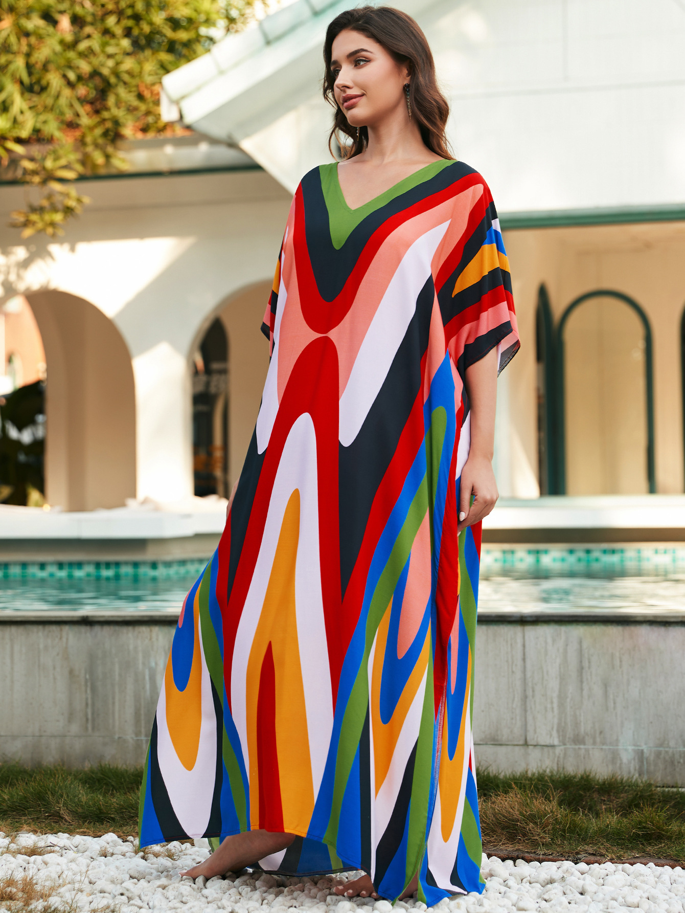 Rochie de plajă lungă kimono dama boho viscoză tie-dye_voghion.com