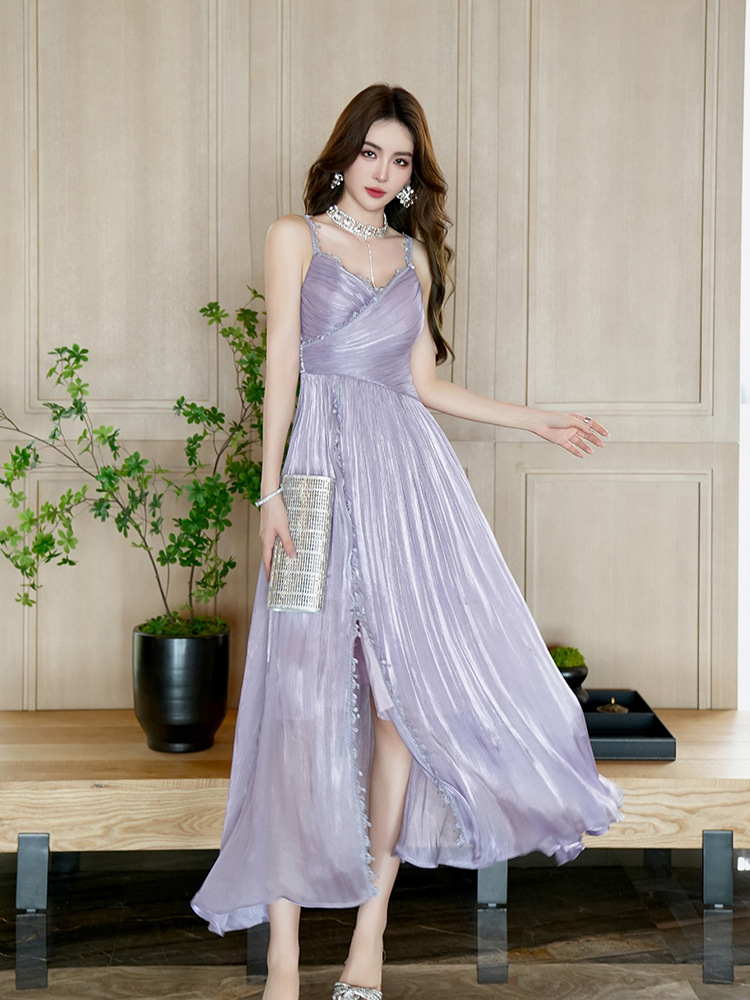 Váy dài maxi nữ cổ chữ V thắt eo phong cách Pháp đi nghỉ mát — Hồng Hoa Hồng
