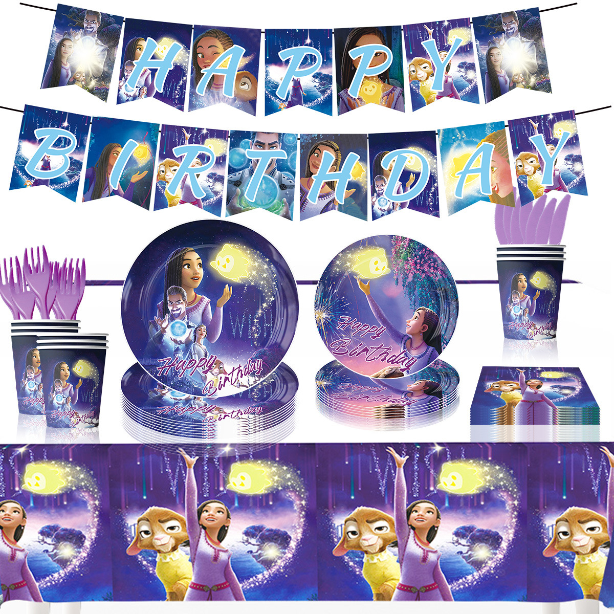 Estrella deseo cumpleaños tema Fiesta suministros vajilla decorativa Placa de papel taza tejido mantel cuchillo tenedor cuchara vajilla traje