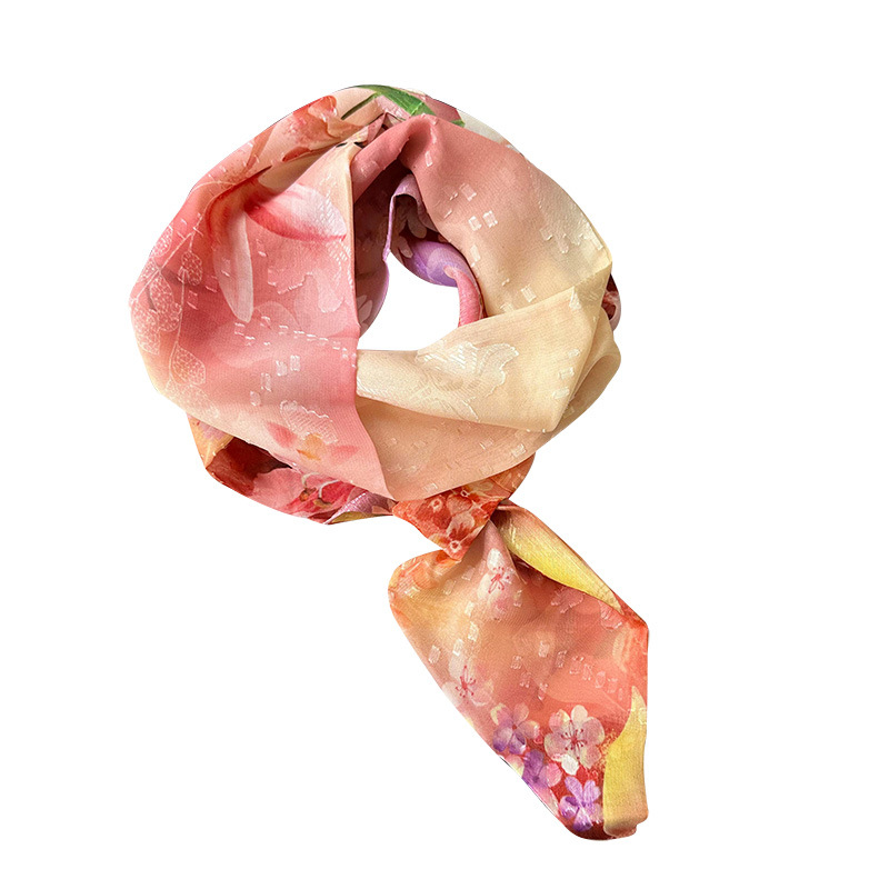 Bufanda de seda larga floral para las mujeres primavera y otoño estilo coreano versátil de alto grado fresco artístico perezoso cuello protección del oído bufanda
