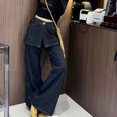 美式复古微喇拼接屁帘牛仔裤女春秋新款宽松假两件高腰阔腿裤跨境
