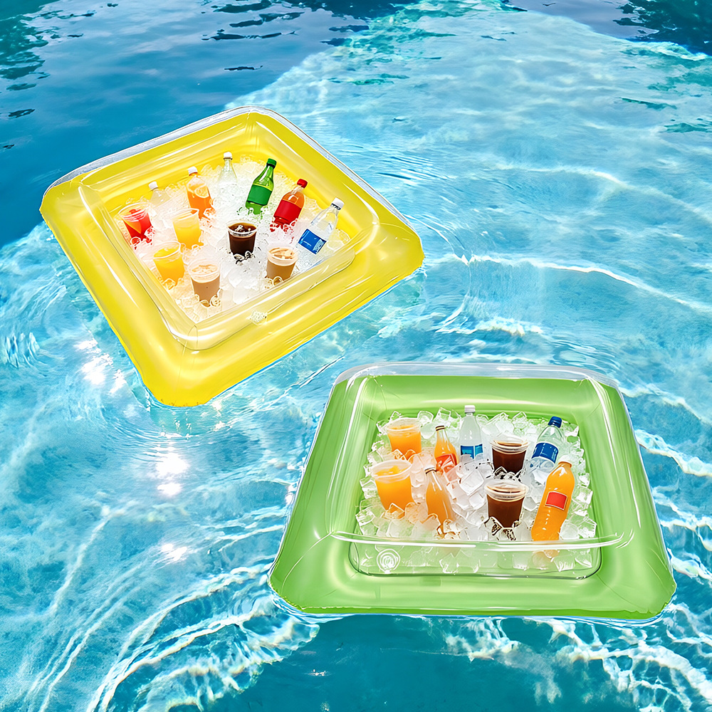 Neuer transparenter, quadratischer, aufblasbarer Eiskühler, Getränketablett für Sommer-Poolpartys, verdickter, schwimmender Becherhalter für Wasser_voghion.com