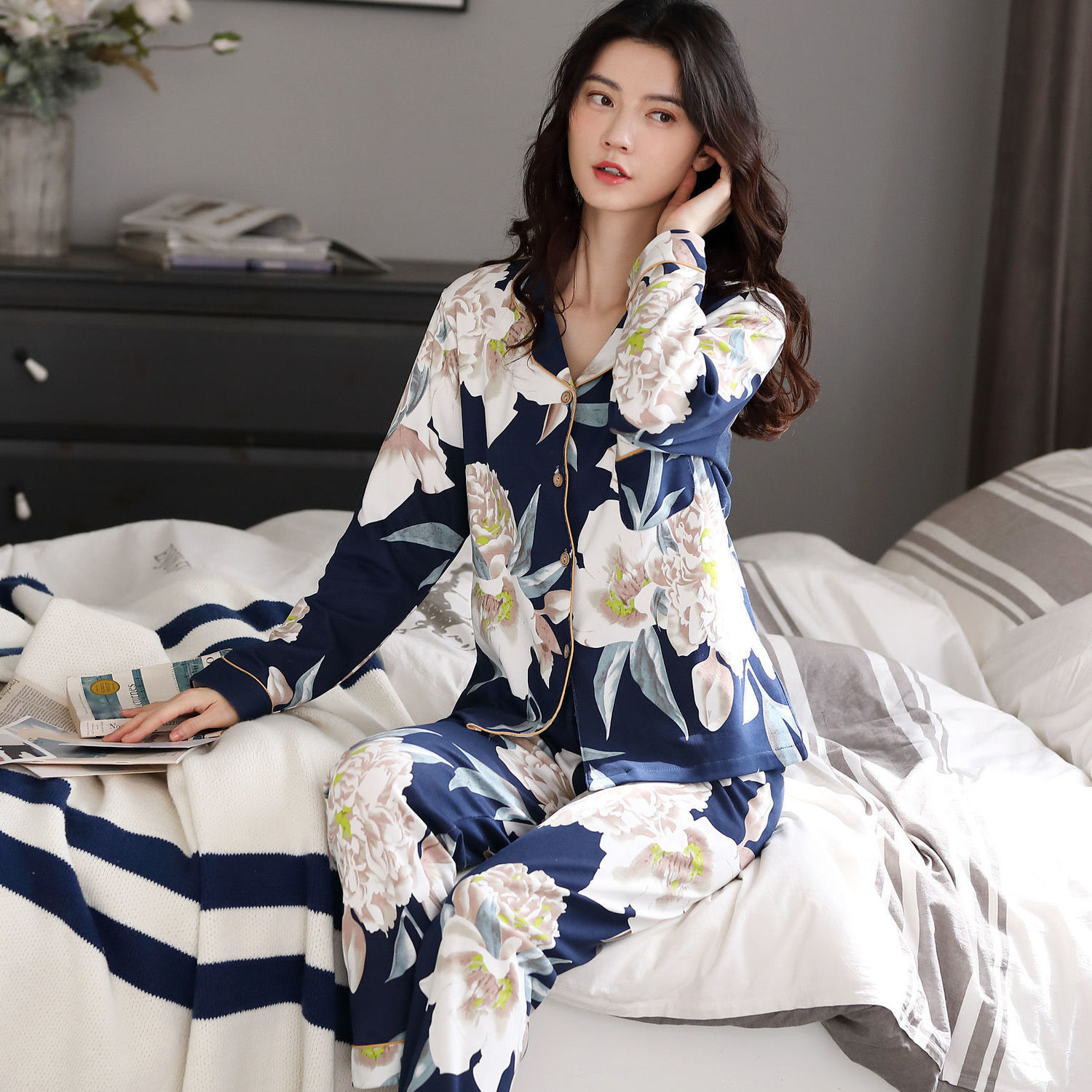 Pijamas de algodón para mujer Primavera y otoño de manga larga más tamaño cardigan traje de mediana edad mamá suelta ropa para el hogar verano