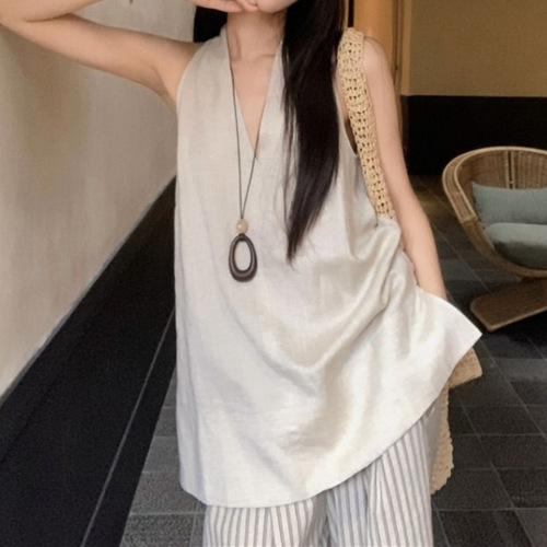 Lazily Relaxed Style Outfit - Complete Casual Set for Women - Summer Neckless V-Neck Tank Top Striped Wide Leg Pants Two-Piece Set