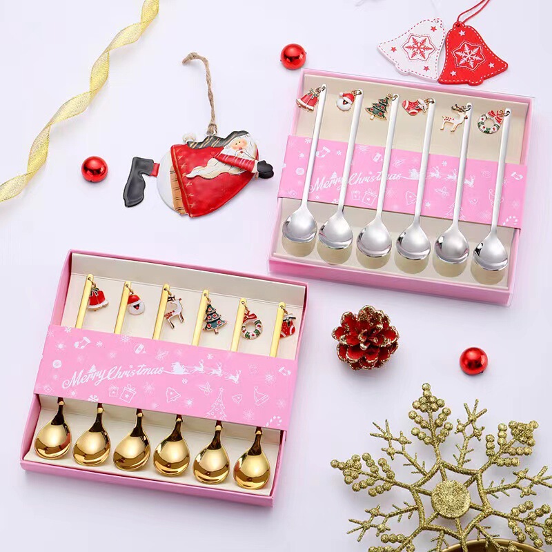 Cross-border Christmas tableware coffee dessert spoon fork hand gift box suit creative thick stainless steel Christmas spoon