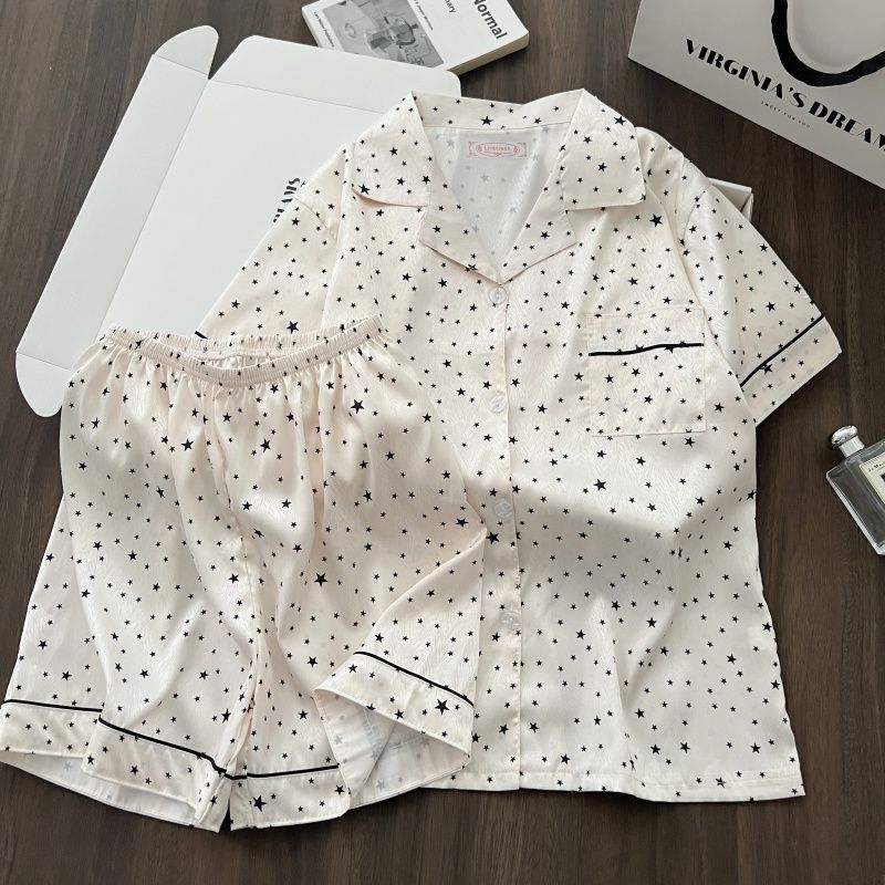 Al por mayor transfronterizo nuevo pijama de verano de alta calidad de seda de hielo twill pantalones cortos de mangas cortas set collar explosión