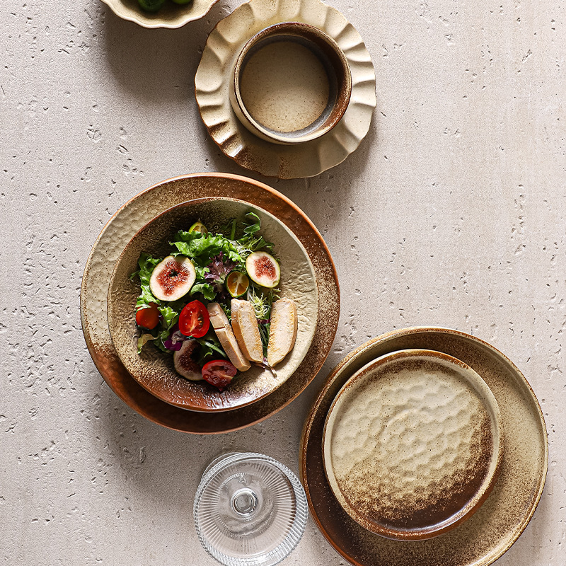 日式酒店餐厅餐具复古盘子个性创意餐盘意面盘沙拉碗盘粗陶碗碟