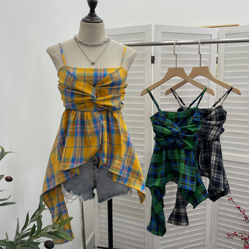 Real Shot Irregular Skirt Plaid Camisole Vest Women's Summer Design Sense Strapless Pleated Sleeveless Top 9151 Real Shot Irregular Skirt Plaid Camisole Vest Women's Summer Design Sense Strapless Pleated Sleeveless Top 9151