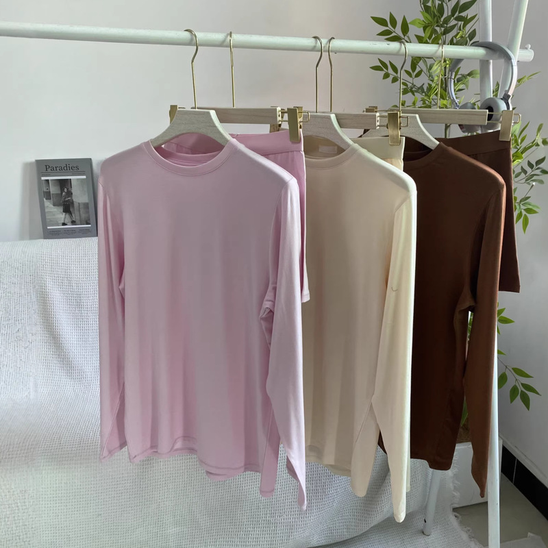 Skims New Modal Long-Sleeved T-Shirt Women's Suit Pink Casual Loose Home Wear Comfortable Breathable Pure Color Top