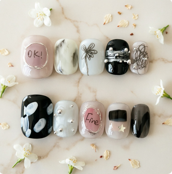 Sweet and Cool Style Korean-Style Nail Art with Pearls, Black and White Contrasting Colors, English Text, Instagram-Style Metallic 3D Nail Stickers