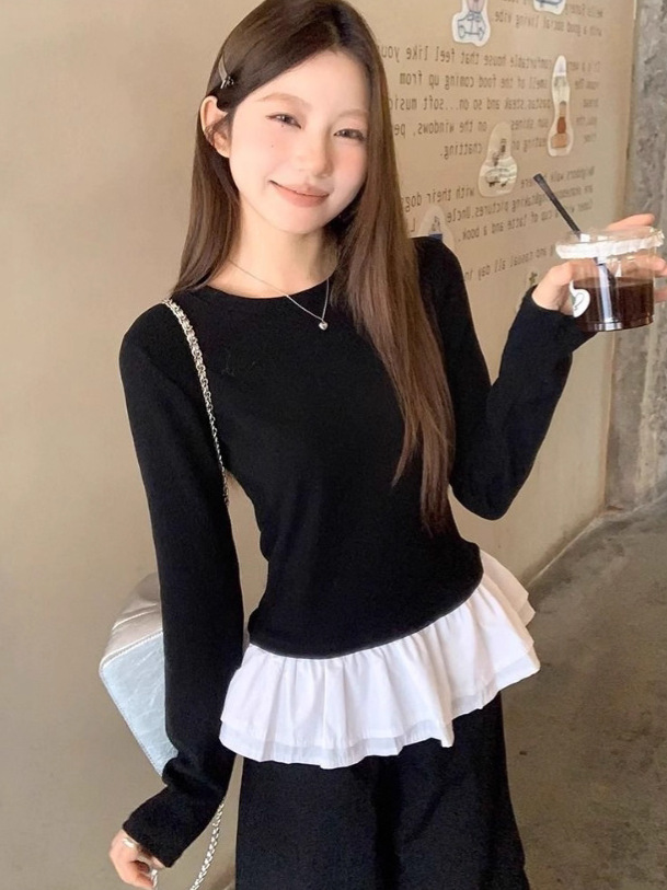 Cross-Border Color-Blocking Faux Two-Piece Lace Long-Sleeve Women's Autumn Design Slim-Fit Round-Neck Base Top Women's T-Shirt Trendy