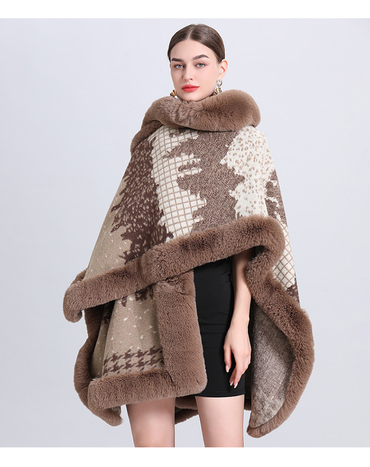 Jacquard Fransen Kapuzenumhang Cape locker gestrickte Strickjacke Übergröße Wollmantel_voghion.com