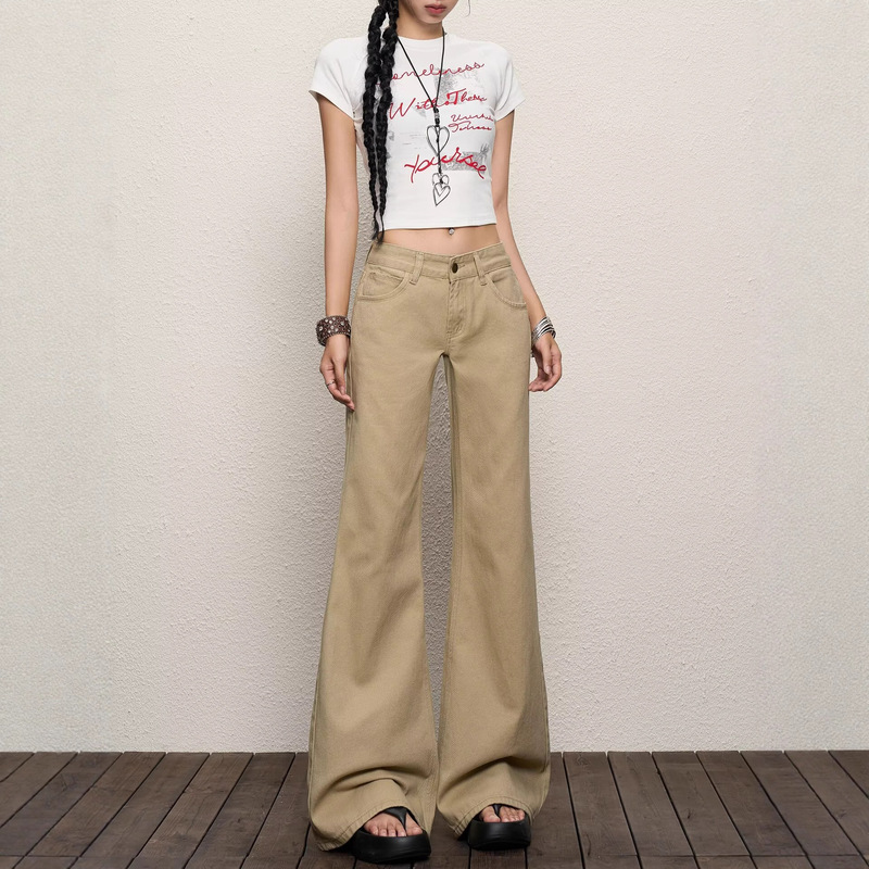 2025 New American Retro Hot Girl Khaki Jeans for Women, Low-Waisted Floor-Length Pants That Do Not Stick to the Legs
