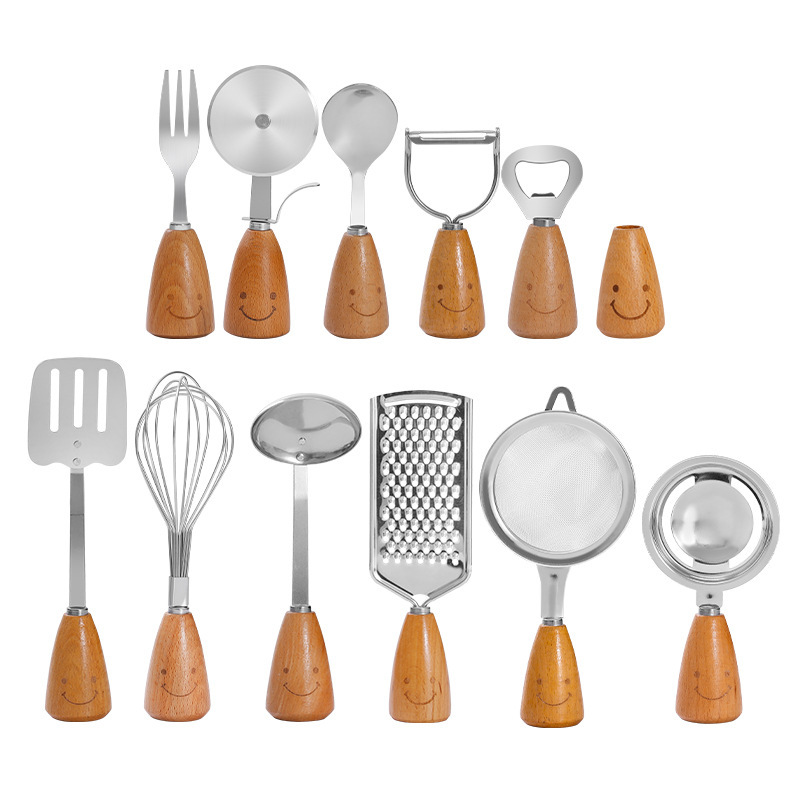 Herramientas de cocina para hornear cubiertos de cocina coreana sonrientes mango de acero inoxidable conjunto batidor de huevos horquilla cuchillo de pizza