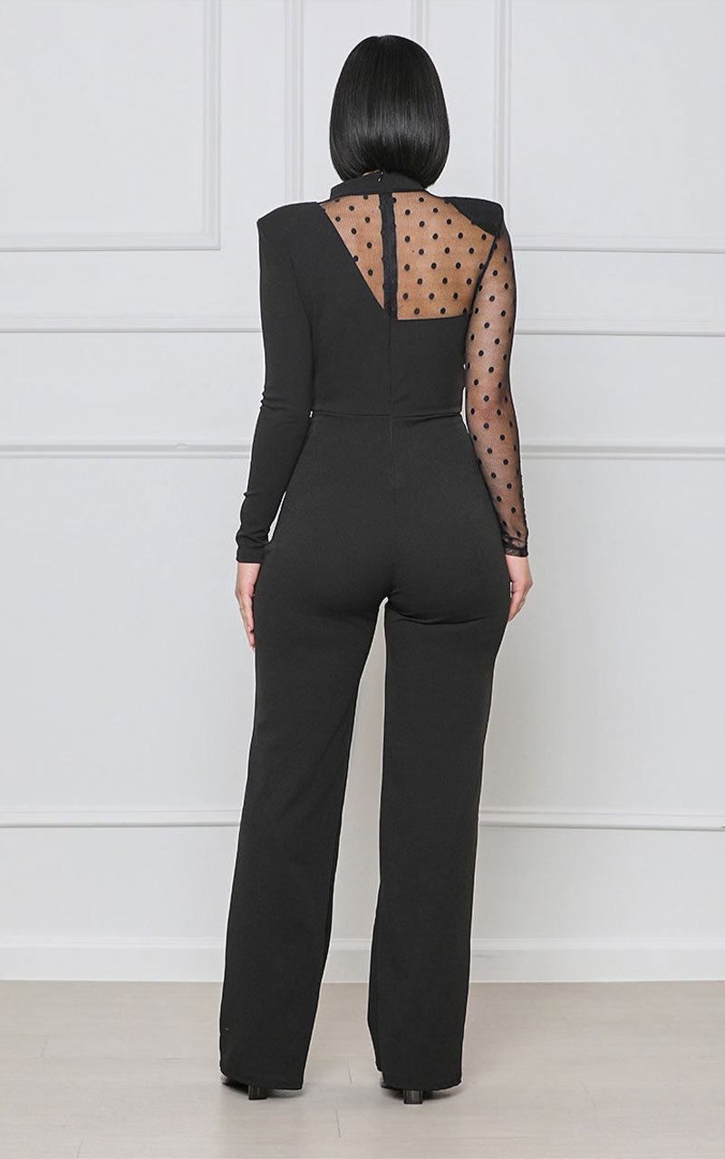 solid color polka dot printed mesh stitching long sleeve jumpsuit NSXHX127639