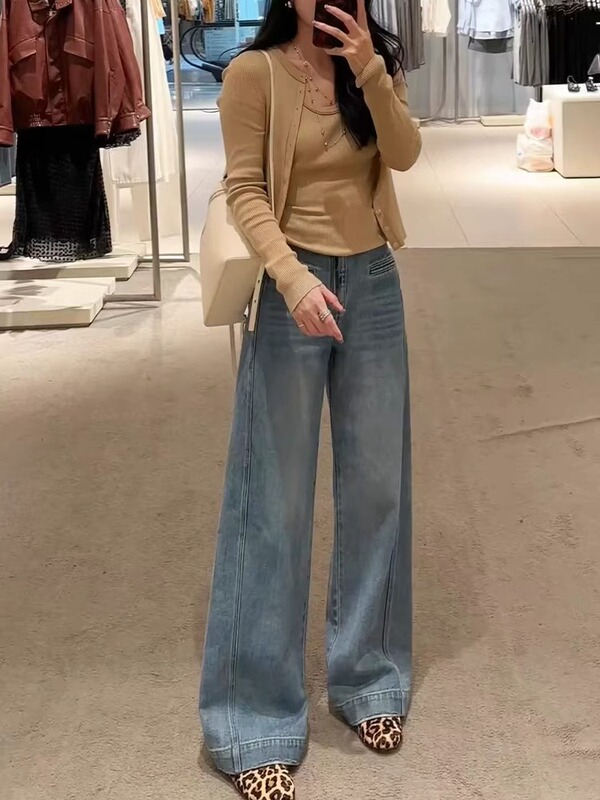 复古蓝色阔腿牛仔裤女秋季新款高腰显瘦宽松垂感拖地直筒拖地裤子|undefined