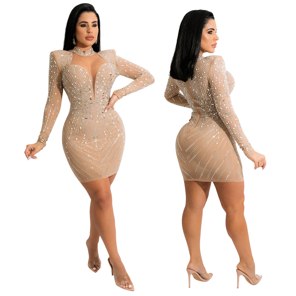 sexy perspective wrapped chest package hip with hot drilling dress nihaostyles wholesale clothing NSCYF84775