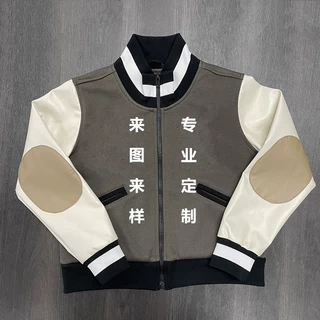 定制外贸PU皮袖棒球服厂家定做夹棉棒球衫立领拼皮男式字母夹克衫