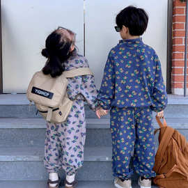 儿童秋季运动套装2025新款男女童韩版碎花拉链卫衣卫裤休闲两件套