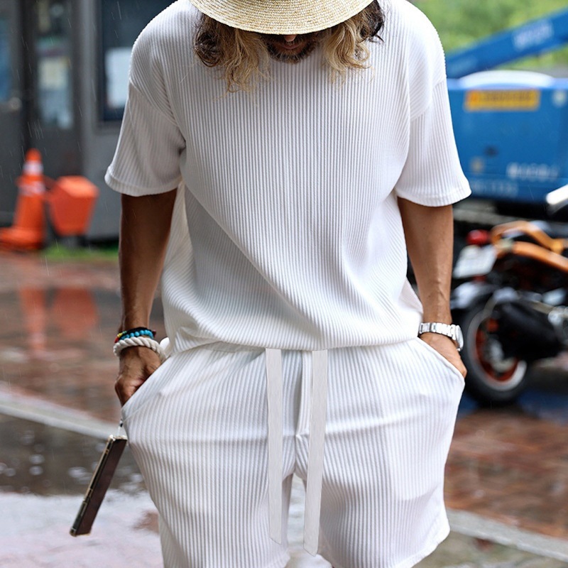 Men's Summer Vertical Stripe Lounge Set, Breathable Short Sleeve Shirt And Shorts Outfit For Vacation & Casual Wear_viptrois.com