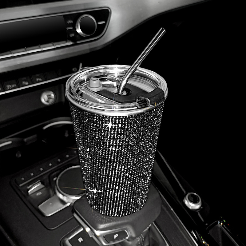 Bling flash rhinestone pegado diamante 550ml taza de bebida incrustada en el diamante taza de café de paja de acero inoxidable recta adelgazamiento