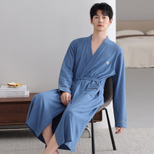 华夫格浴袍男款春秋季纯棉中长款男士睡袍2025新款吸水一体式浴衣