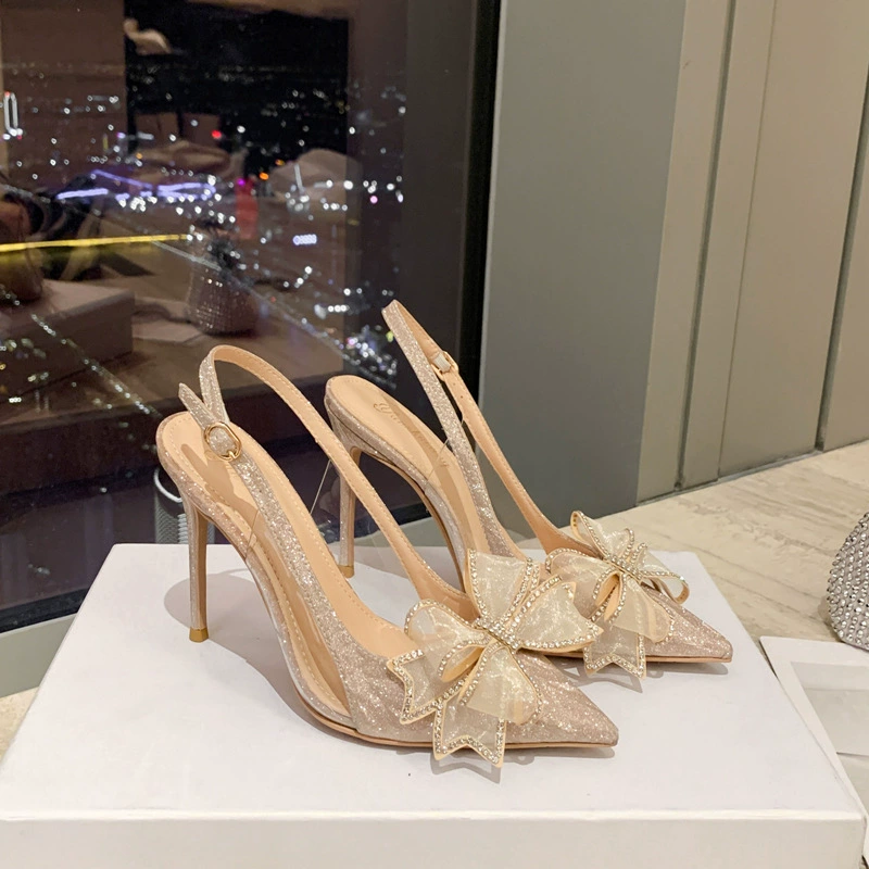Серебряные туфли на высоком каблуке с бантом, острый нос, stilettos, сандалии, свадебные туфли, французский стиль