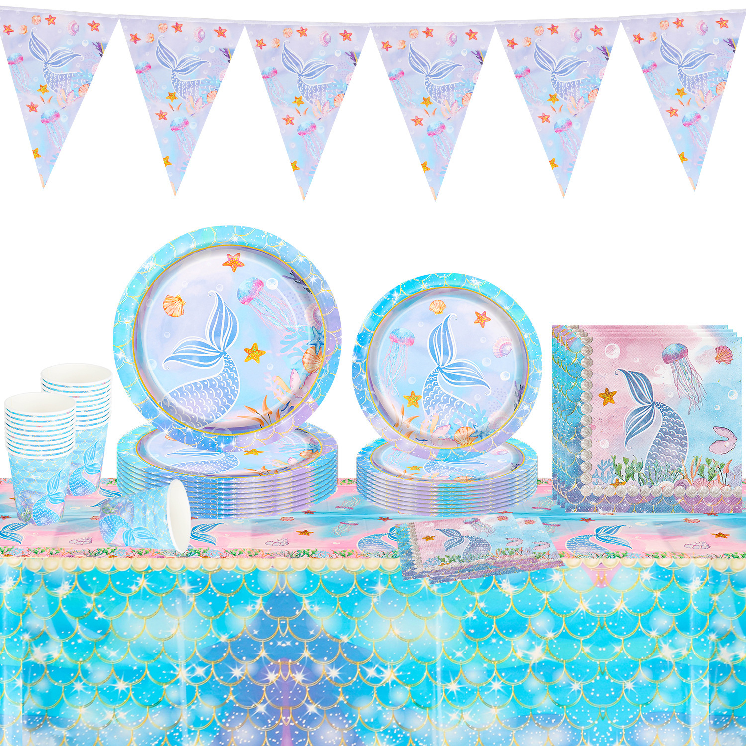 Nuevo juego de vajilla de fiesta con tema de sirena marina de verano, bandeja de papel desechable, cuchillo, tenedor, cuchara, decoración de fiesta