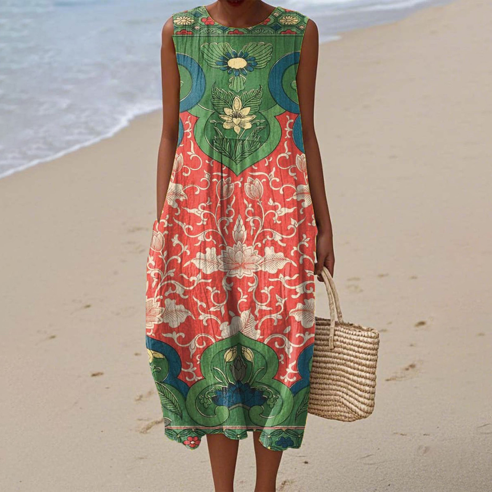 2025 Cross-Border Independent Station Amazon Sleeveless Shirt Dress Women's Casual Floral 3D Printed Sleeve Long Dress