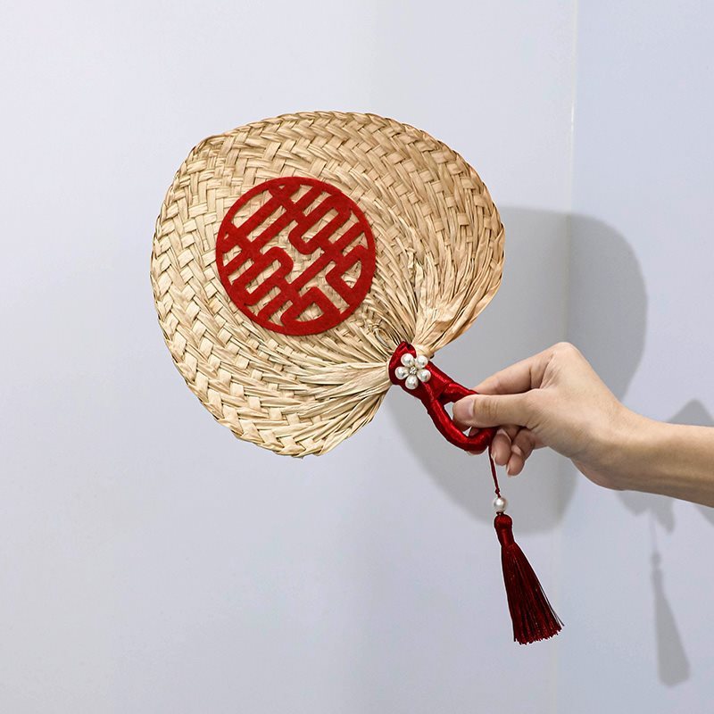 新娘晨袍拍照喜扇手摇扇芭蕉扇晨拍道具结婚手拿蒲扇喜字草编扇子|undefined