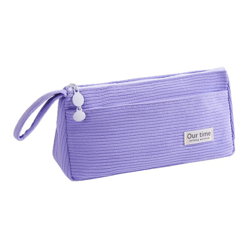 Estuche simple de pana para estudiantes de secundaria y preparatoria, lindo y elegante, de color sólido, de doble capa, bolsa para lápices de gran capacidad.