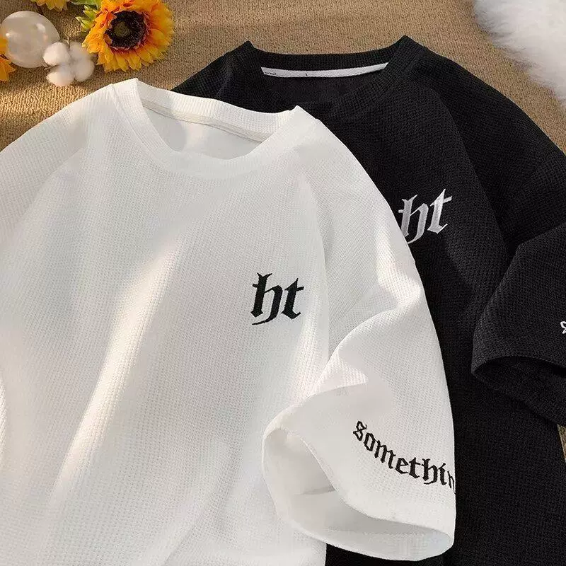 Вафугская футболка с коротким рукавом мужская летняя тяжелая минималистская тенденция тренда дикая свободная повседневная вышивка с половиной рукава