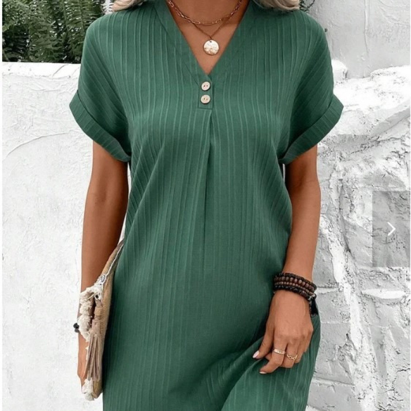 Cross-Border European and American Women's Clothing 2023 New Amazon V-Neck Solid Color Pullover Comfortable Casual Button Dress