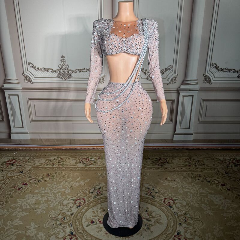 Luxurious Rhinestone Chain Design Long-Sleeved Slim-Fitting Hip-Hugging Skirt Fashion Set Birthday Party Banquet Evening Dress