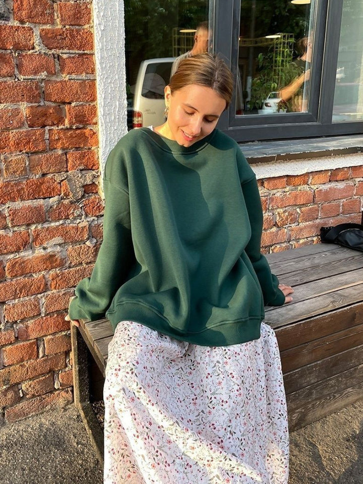 Áo sweatshirt nữ cổ tròn dáng rộng oversize tay dài chất liệu nỉ lông — Hoa màu xám, Màu cà phê, Màu trắng, Xanh navy chi tiết 8
