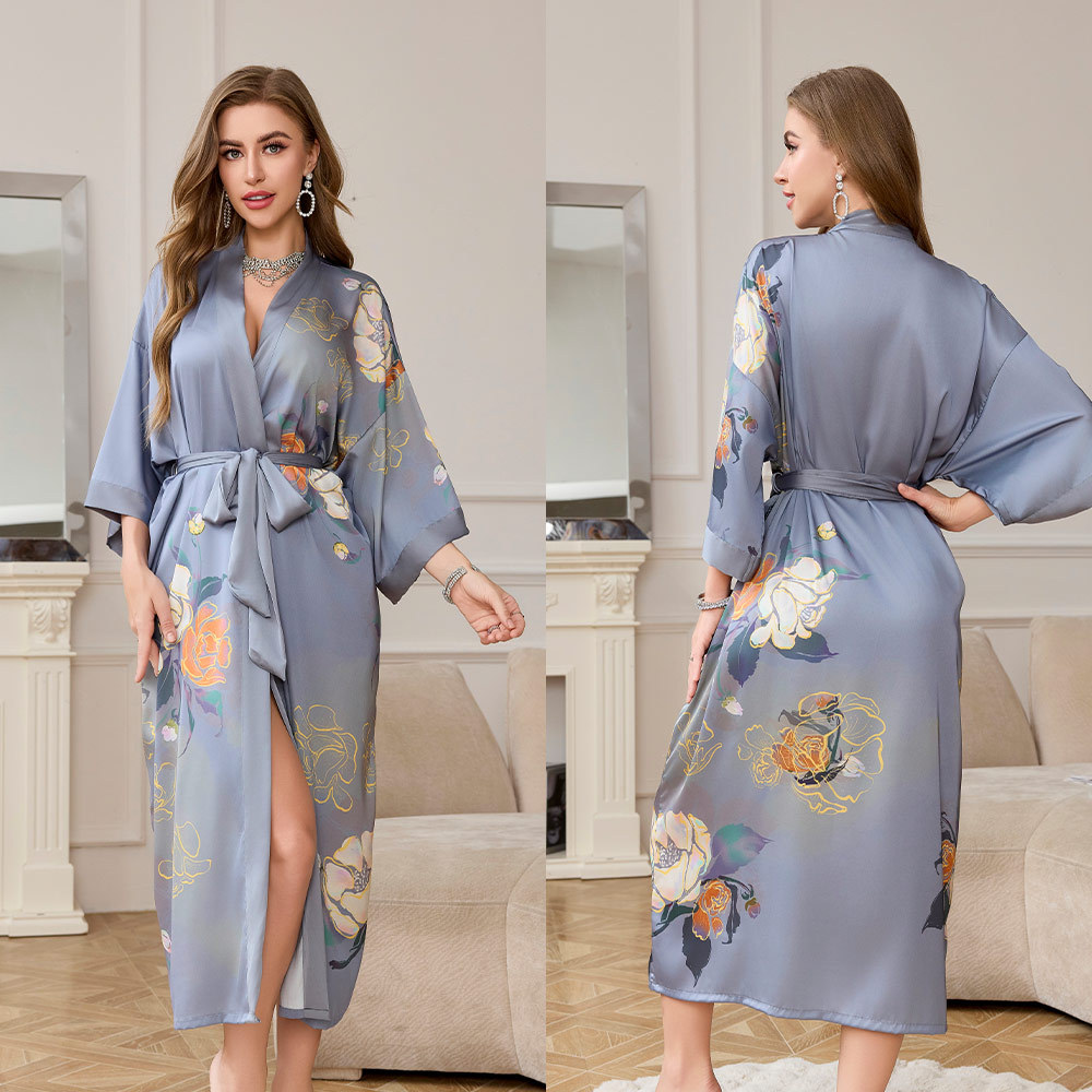 Primavera y otoño estilo de pijamas de satén mujeres primavera y otoño siete mangas de diseño de ropa de hogar de mangas largas sueltas túnicas WP3430