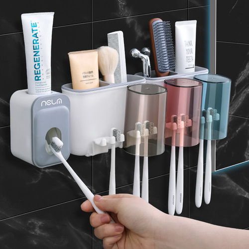 Toilet hole-free toothbrush holder family set with mouthwash cup, toothpaste squeezer, home bathroom sink organizer shelf