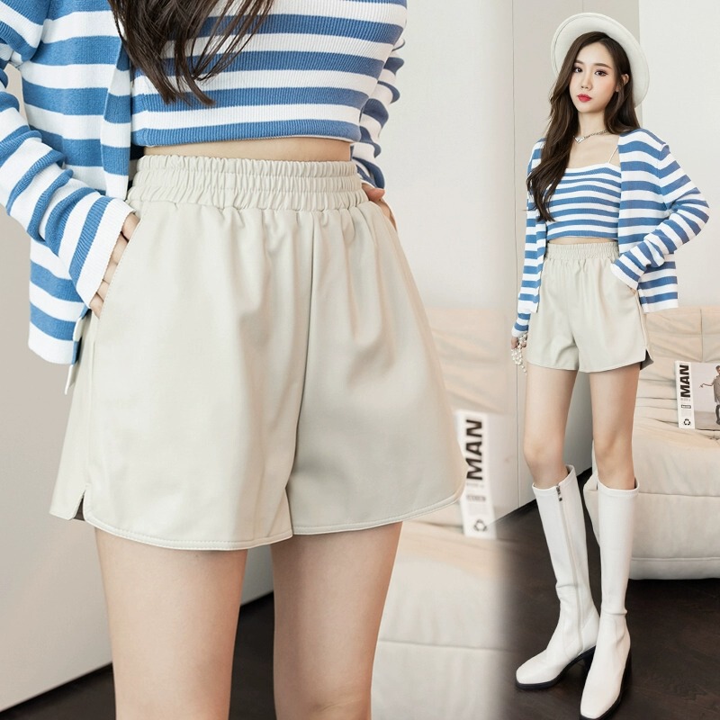 Trendy Cool Black Pu Leather Casual Shorts for Women, Autumn 2025 New Style, High-Waisted, Slimming, Versatile A-Line Wide-Leg Pants Trendy Cool Black Pu Leather Casual Shorts for Women, Autumn 2025 New Style, High-Waisted, Slimming, Versatile A-Line Wide-Leg Pants