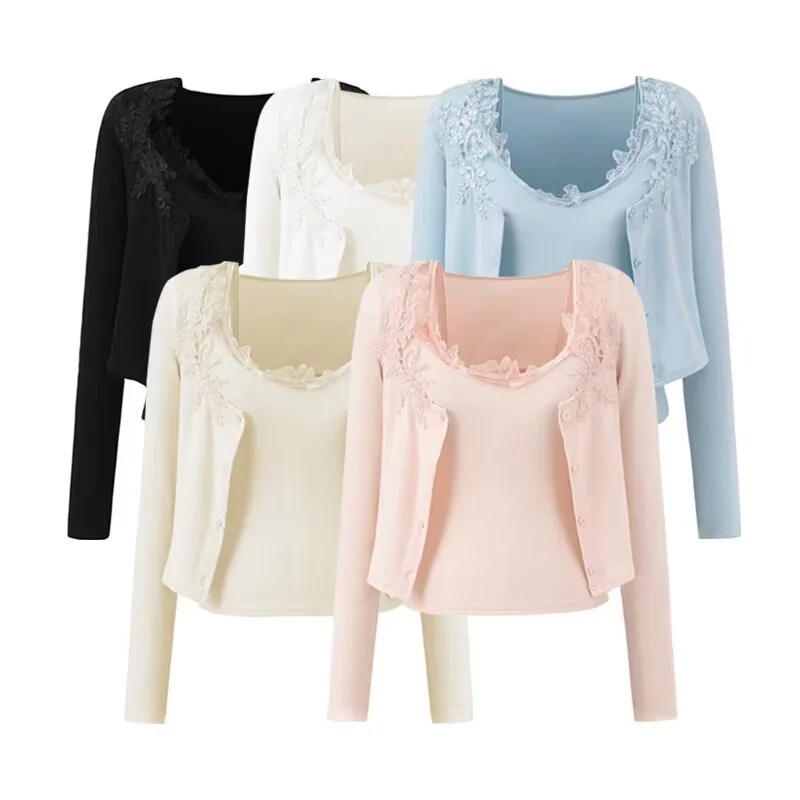 Pure Desire Sexy Lace Two-Piece Long Sleeve T-Shirt Women's Autumn New Unique and Beautiful Slim Short Top