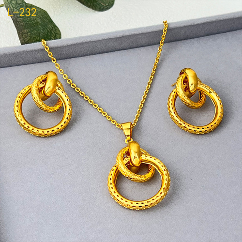 Dubai 24K Gold Pendant Necklace and Earring Three-Piece Set—Cross-Border Nigerian Bridal Fashion Jewelry Wholesale