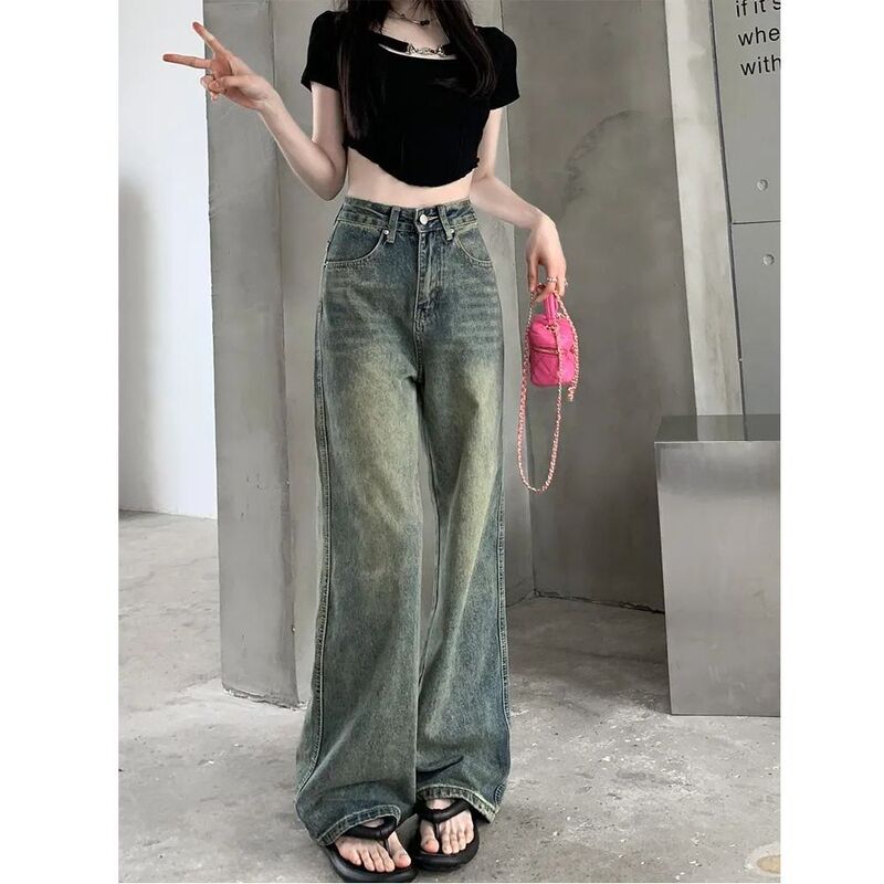 怀旧复古高腰牛仔裤女美式大码高腰宽松梨形遮肉休闲拖地阔腿长裤|undefined