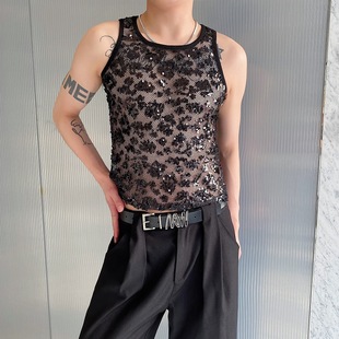 Summer Sequin Splicing Elastic Tight Round Neck Vest Trendyy Handsome Stage Wear Men's and Women's Waistcoat 5247565