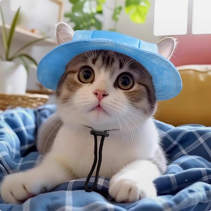 Primavera y verano gato perro sombrero para el sol con orejas expuestas sombrero de gato sin pelo tablero de ajedrez mascota sombrero de pescador tocado mascota
