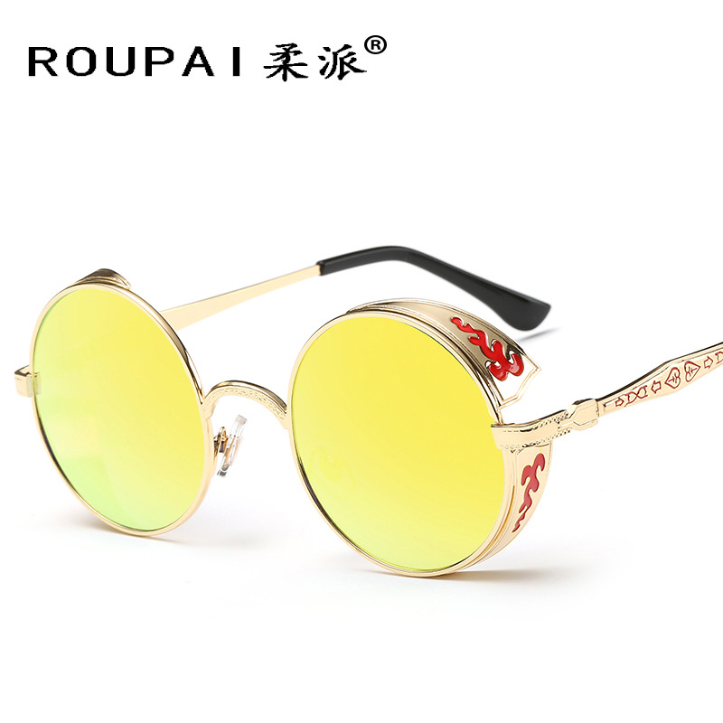 Gafas de Sol Retro Redondas al por Mayor de Fábrica, Gafas de Príncipe con Patrón Grabado, Gafas de Sol Reflectantes 881, Venta Directa